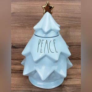NEW Rae Dunn Peace Christmas Tree Light Blue Ceramic Canister Cookie Jar